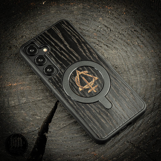 Samsung Galaxy S24 Plus black case with wood finishing and Behemoth 'CONTRA' logo
