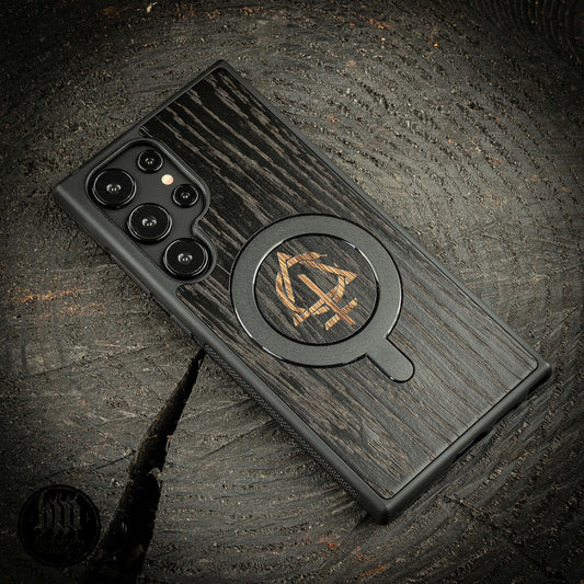Samsung Galaxy S24 Ultra black case with wood finishing and Behemoth 'CONTRA' logo