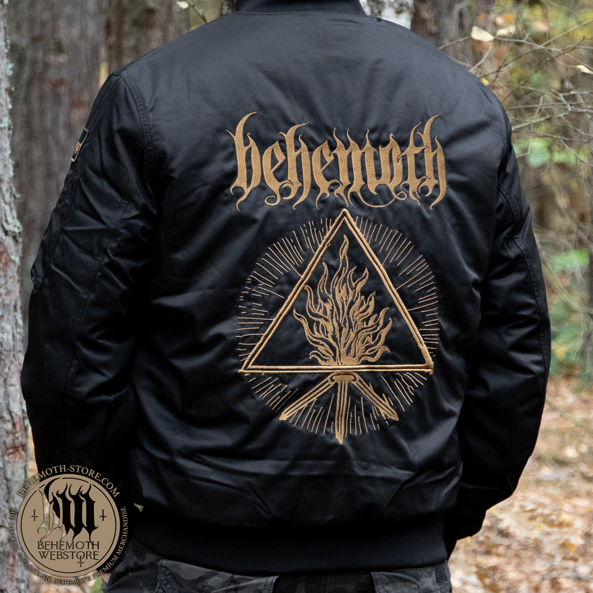 The Satanist bomber jacket by Behemoth – back with embroidered logo and The Unholy Trinity Sigil