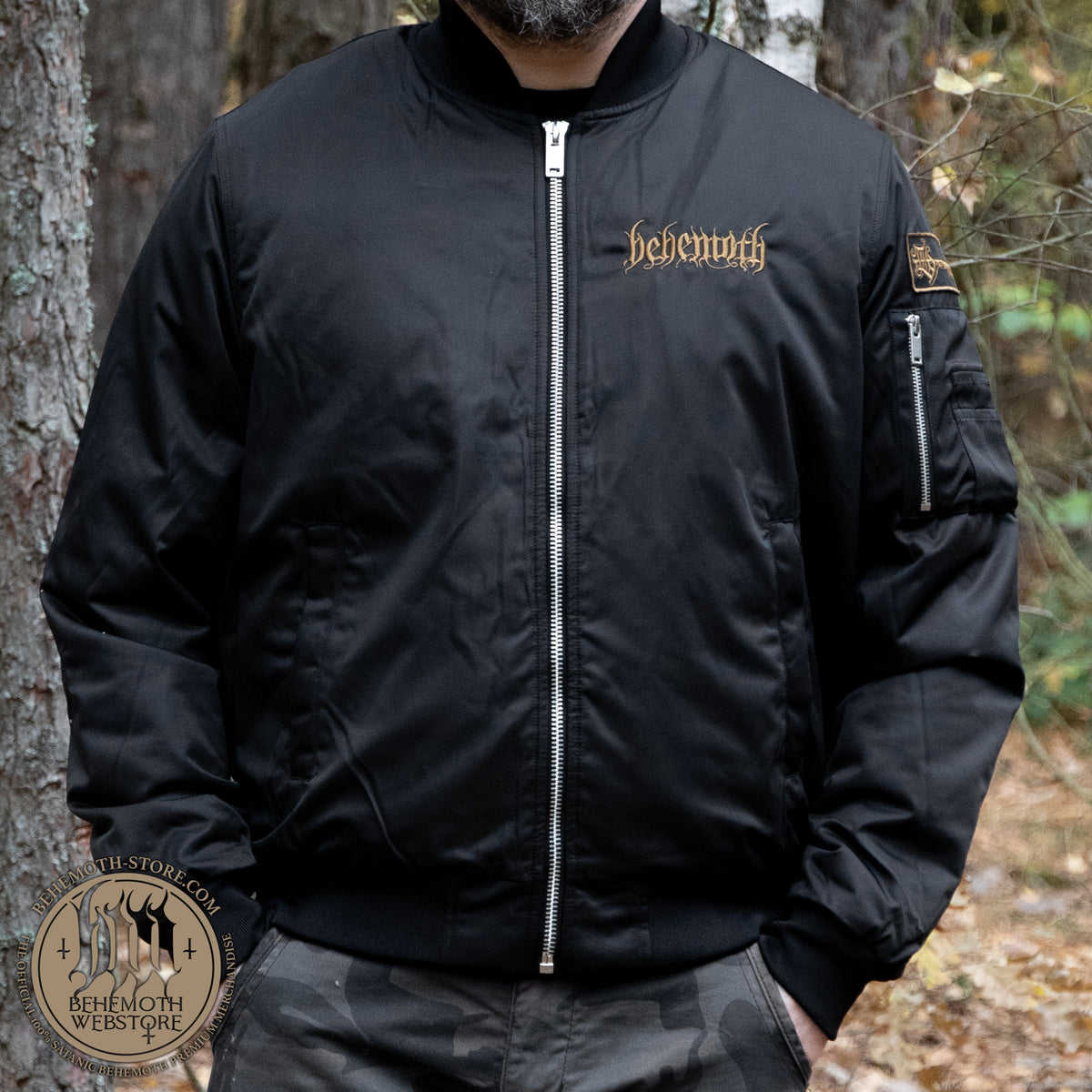 The Satanist bomber jacket by Behemoth – front with dark gold chest embroidery