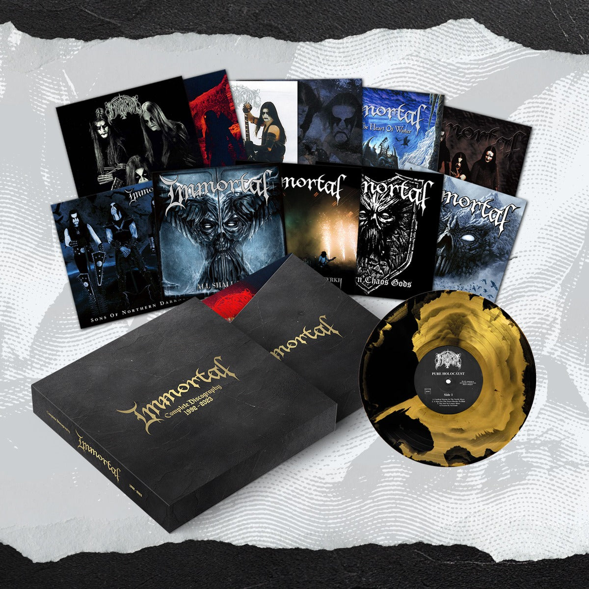 Immortal Complete Discography black and gold sunburst vinyl box set, alternate view