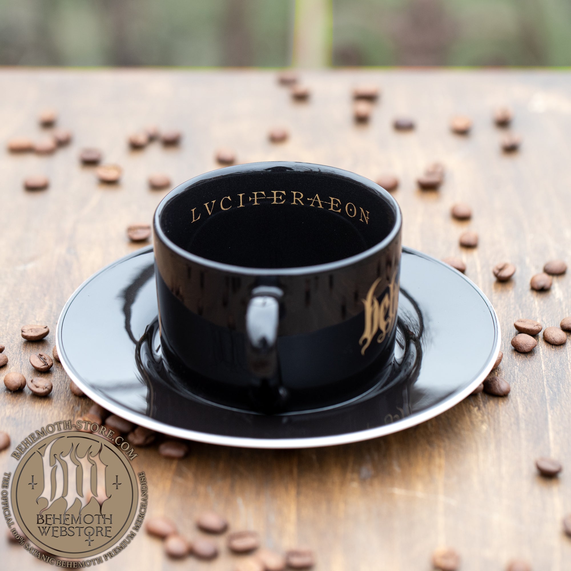 Behemoth – tasse et soucoupe “Lvciferaeon” en New Bone China (noir, 230 ml)