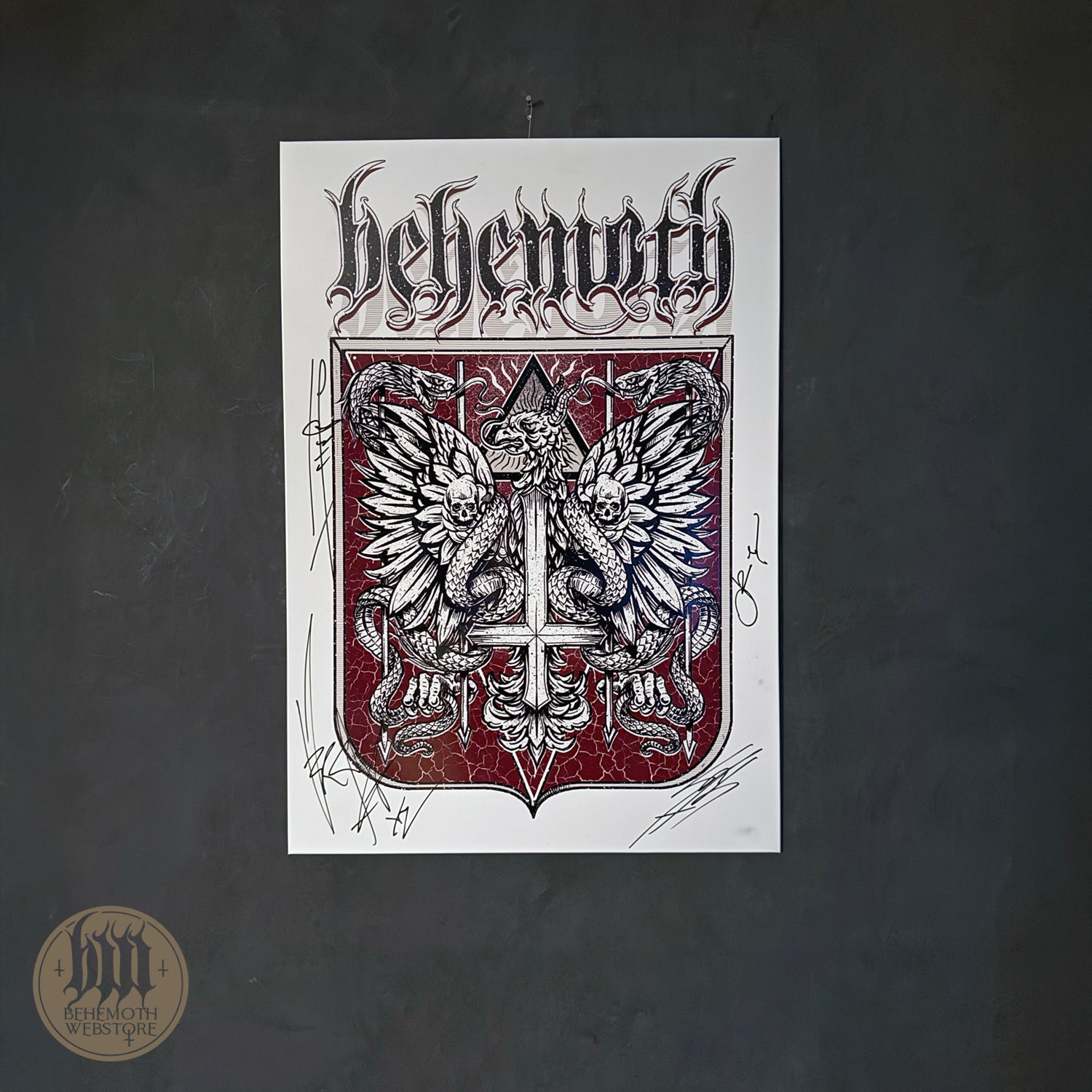 Print on a metal plate - Behemoth "The Republic Of The Unfaithful", big, white, signed